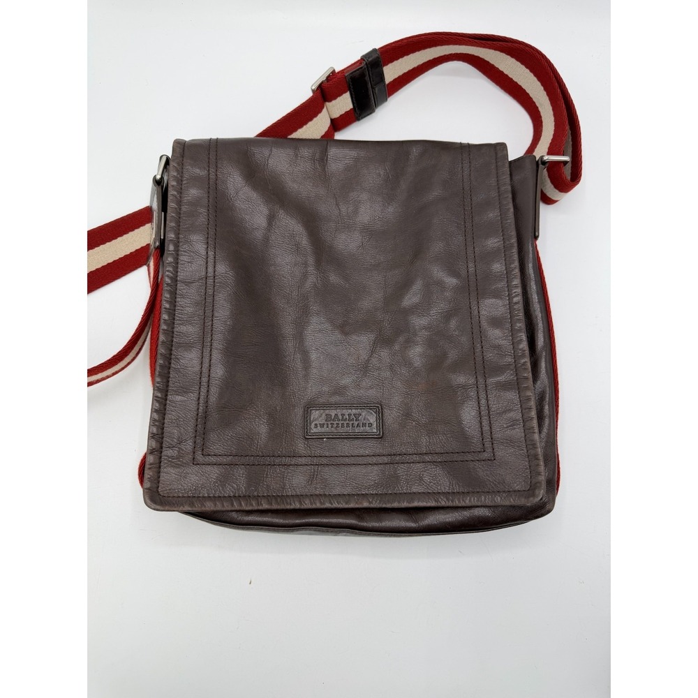 Bally Brown Leather Messenger Crossbody Bag 11.5" x 13" Red White Stripe Strap